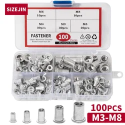 100 Pieces Aluminum Rivet Nut M3 M4 M5 M6 M8 Metal Threaded Rivets Kit Nuts Flat head Rivnuts Insert Threaded Nutsert