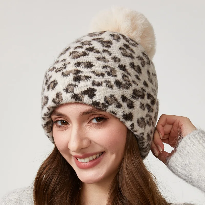 Leopard Print Winter Beanie with Oversized Pom-Pom Soft Breathable Knit Hat Women