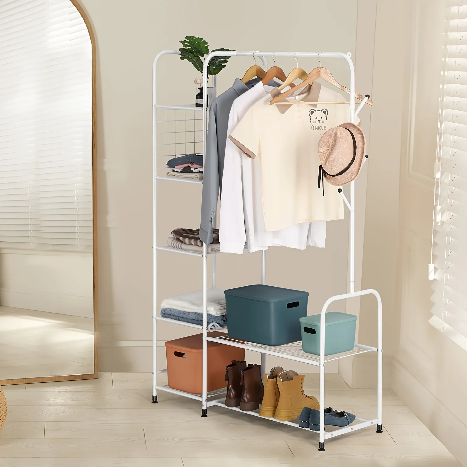 

Metal Freestanding Coat Rack with Shelves, Multipurpose Garment Rack with Hanging Rod and Shoe Rack, for Entryway, Bedroom