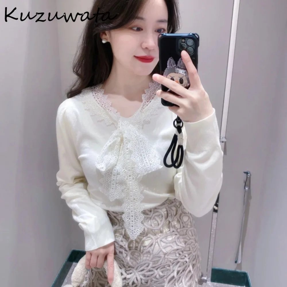 

Kuzuwata Casual Fresh O Neck Ruched Cardigan New Temperament Lace Bow Jumper Japan French Slim Lace Up Long Sleeve Knit Sweaters
