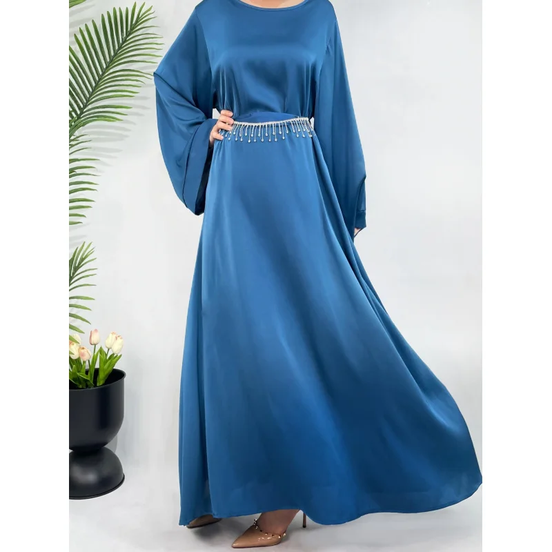 라인스톤 벨트 여성용 새틴 드레스 우아하고 고귀한 중동 말레이 로브 아바야 플러스 사이즈