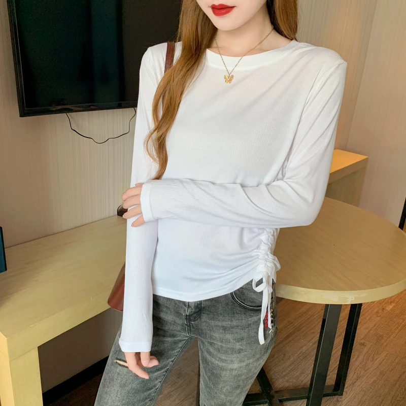 Spring Summer Side-Runched O-neck T-shirt Women Slim Fitted Long Sleeve Tees Korean Style School Ladies Black White Gray Tees