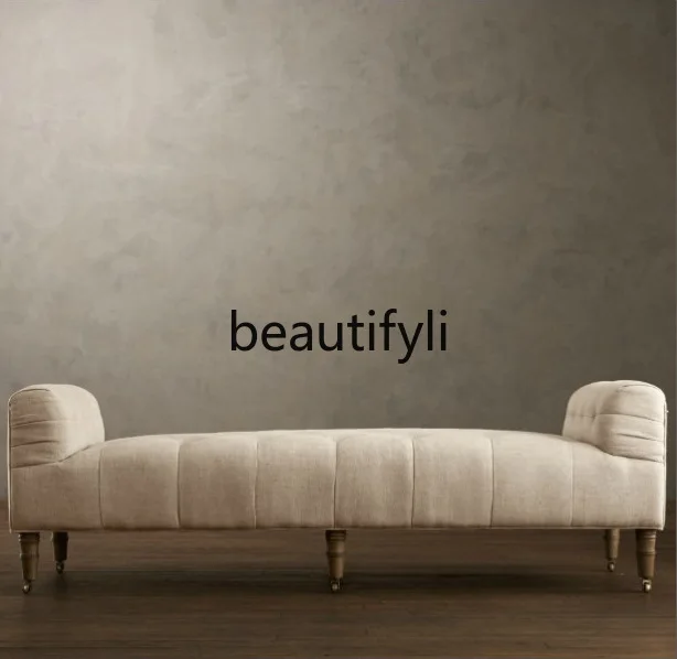 

American Style Linen Fabric Roller Bench French Country Vintage Solid Wood Bed End Stool