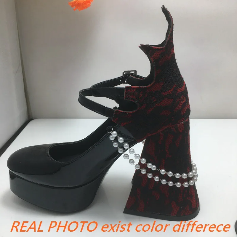 SIMLOVEYO Fahion Female Pumps Chunky High Heel 12cm Platform Hill Double Buckle Straps Beads Mixed Color Sexy Party Shoes 41 42 
