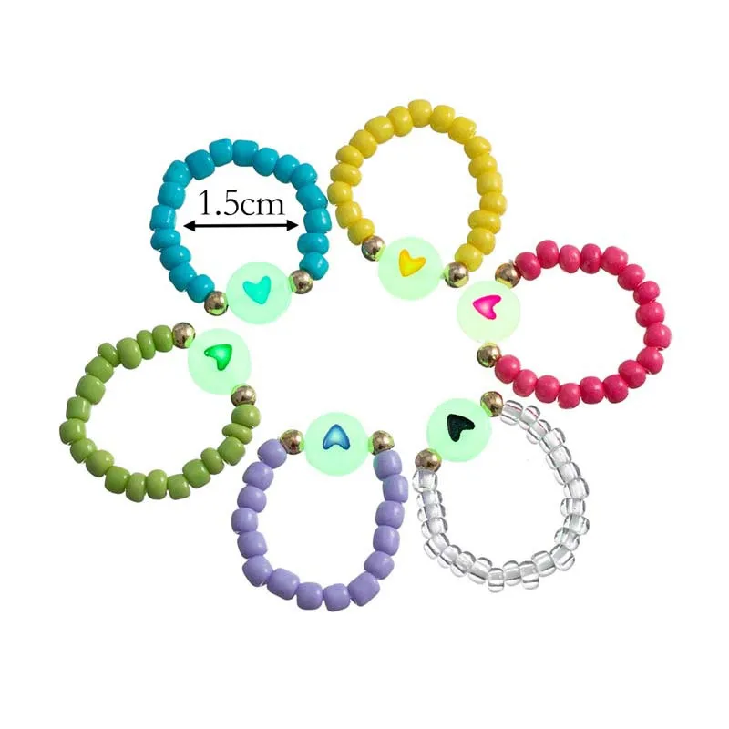 New 6Pcs/Set Handmade Noctilucent Beaded Rings For Princess Girls Summer Children Jewelry Wholesale Party Gifts Kids Gifts image 5
