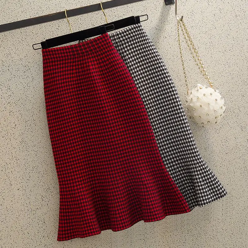 

Spring Autumn New Knitted Fishtail Skirt Elastic Waist Plaid A-line Ruffle Slim Hip Wrap Skirt Temperament Elegant Women Clothes