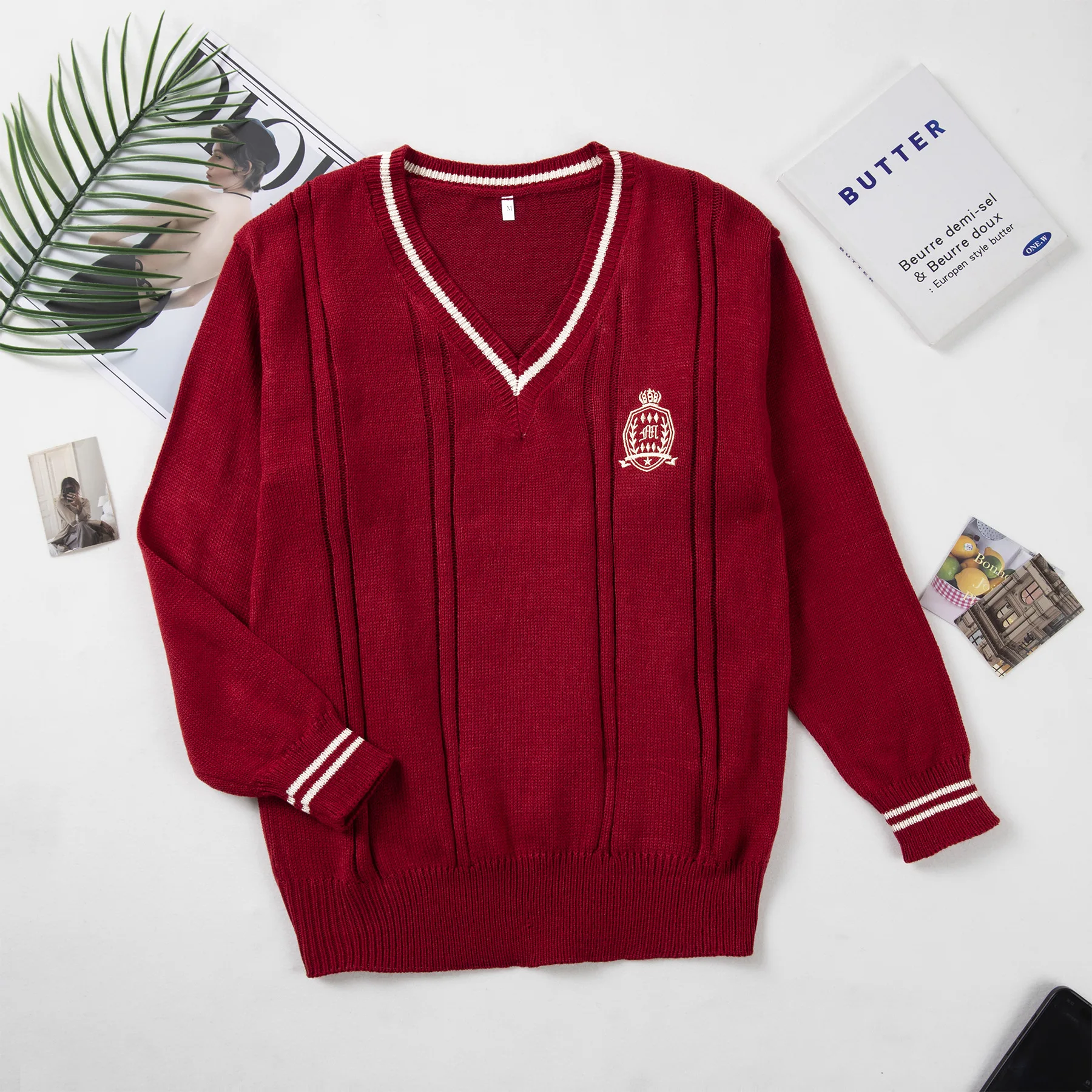 

Men's Knitted Knitwear Student Crew Ne Sweater School orm Class orm College Sle Wine Red Knitwear Spring Thin