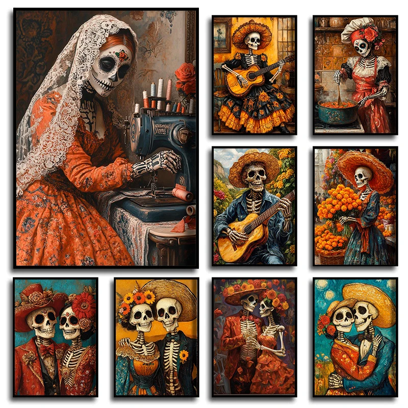1 pieza de pósteres e impresiones sin marco con diseño de esqueletos florales góticos del Día de Muertos mexicano, arte de pared impreso en lienzo para sala de estar