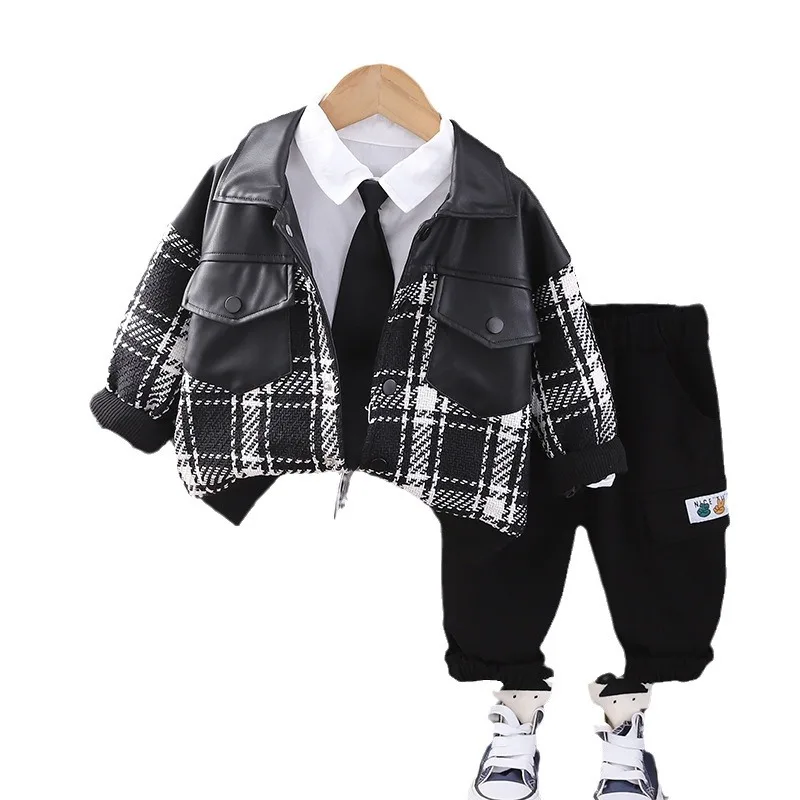 Boys Clothes Sets Spring Autumn 2024 Children Fashion Jackets Tie Shirts Pants 3pcs Casual Suit For Baby Tracksuits Kids Outfits