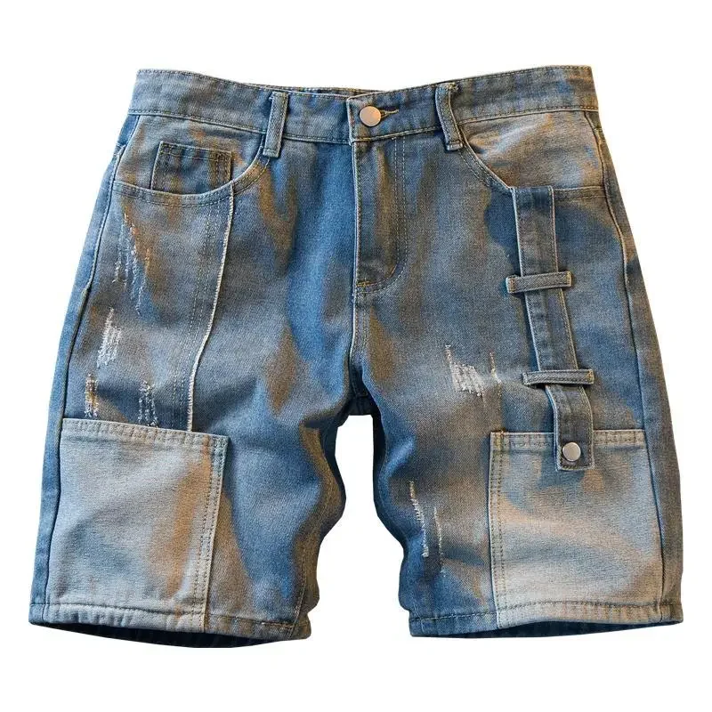 Men\'s Short Jeans Pants Cargo Baggy Patchwork Wide Male Denim Shorts Loose Trend 2024 Xl Korean Fashion Streetwear Cut Summer