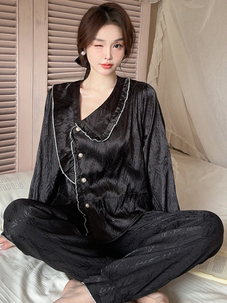 Spring Summer 2024 New Korean Pajamas Women's High-End Ice Silk Cardigan Pants Two-piece Outfit Home Clothes