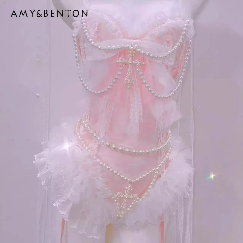 

2025 Summer Sweet Cool Cute Pink Women's Camisole Original Design Pearl Lace Hollow Out Frenum Inner Hot Girl Sexy Sling Ladies