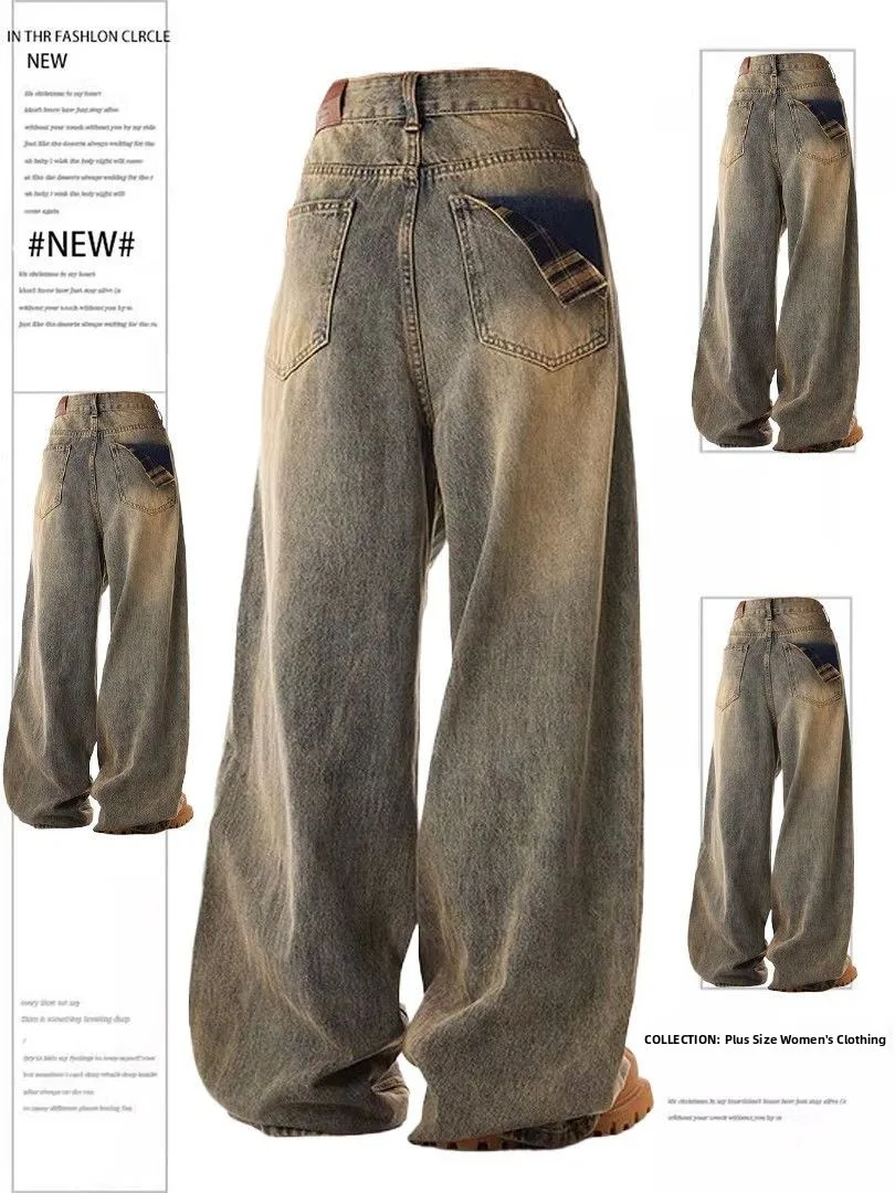 

plus Size American Plaid ket Denim Jeans Women's Retro Design High Street Wasteland Wide Leg Pants Long Trousers