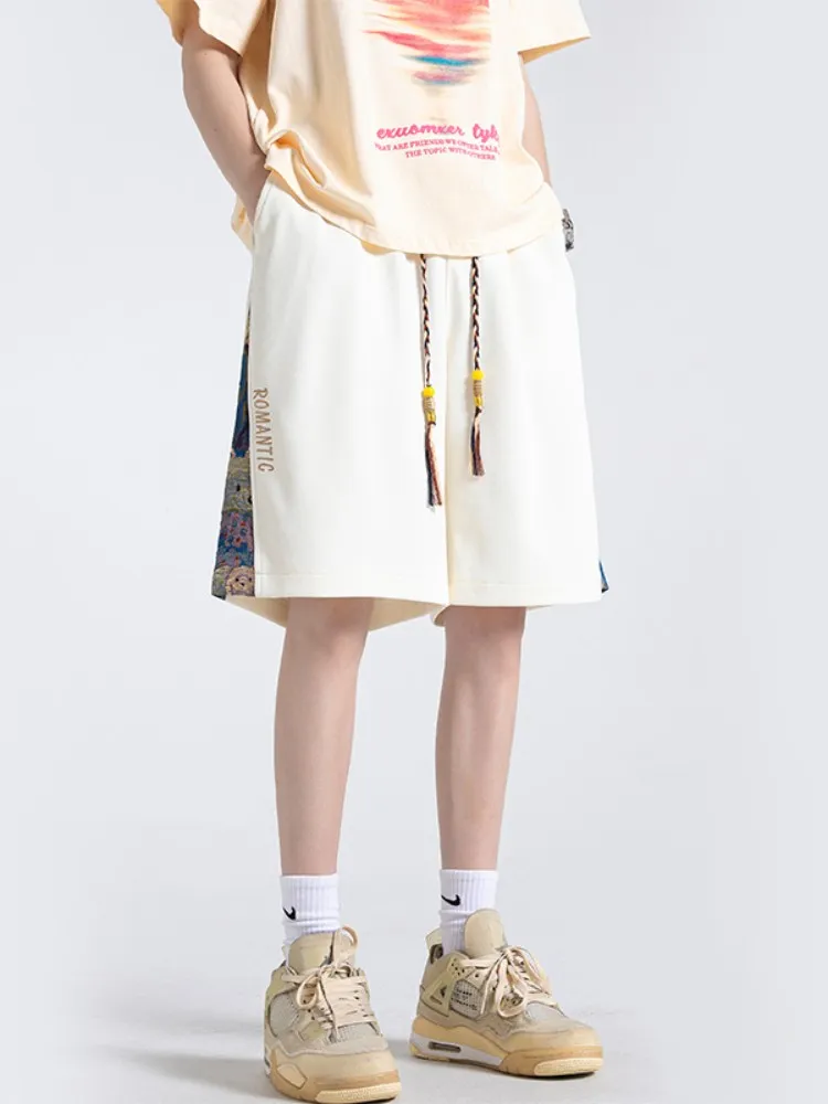 

Летние мужские шорты: тонкие, свободные, в американском стиле, для баскетбола, модные, с вышивкой и пэчворком, прямого кроя, средней длины.