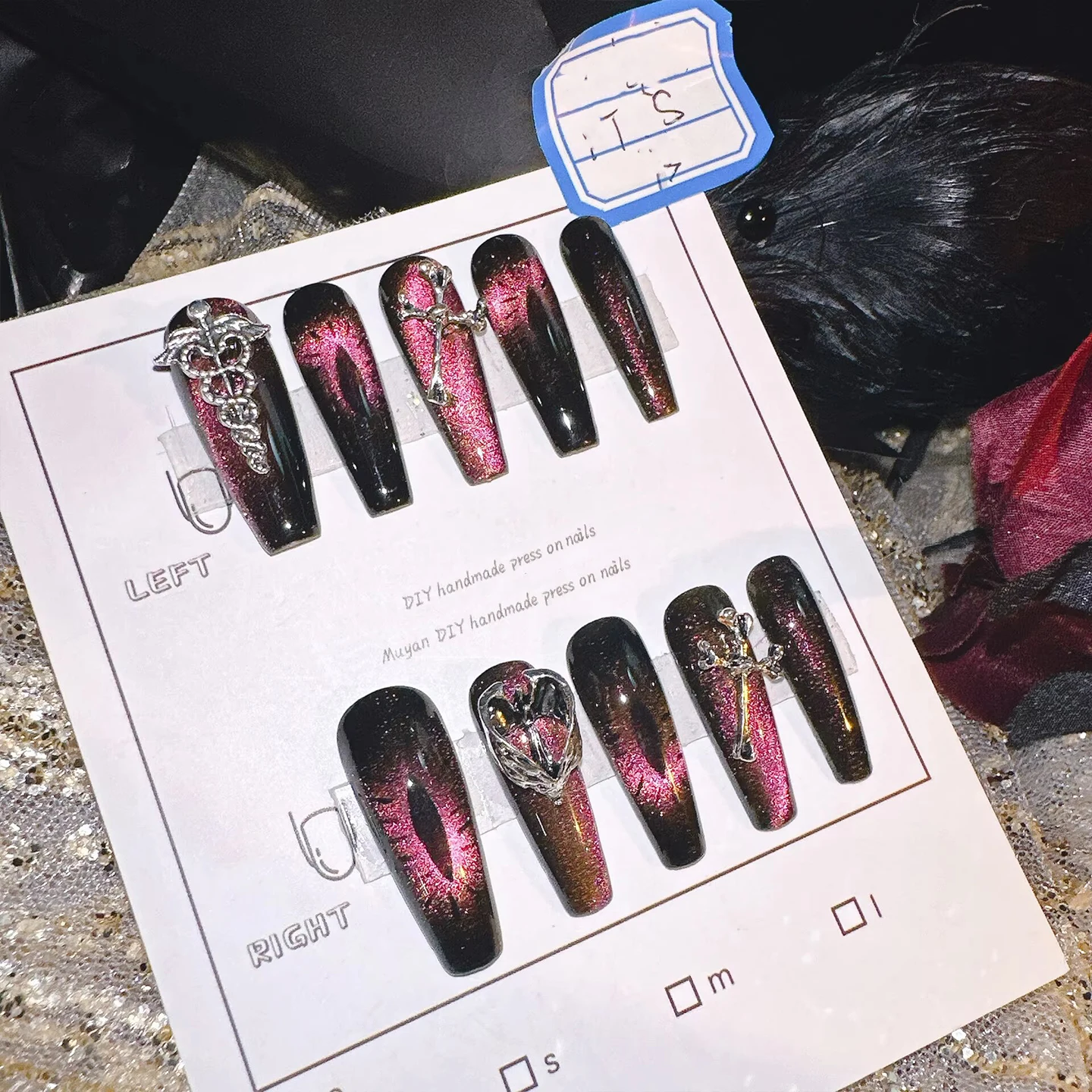 Blood Eye Dark Gothic Press On Nails Extra Long Coffin Black Red Cat-Eye Gradient 3D Cross Snake Charms Heavy Duty Handmade Nai