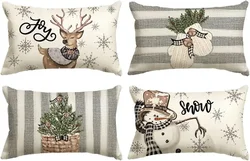 Christmas snowman reindeer pillow case, 30X50cm winter holiday striped cushion cover sofa waist pillowcase.