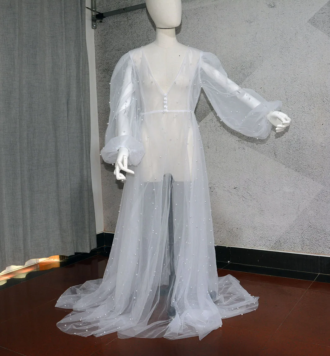 

White Pearl Tulle Bridal Robe for Wedding Long Sleeves Women Bathrobes Shawl Nightgowns Lingerie Dressing Kimono Cape custom