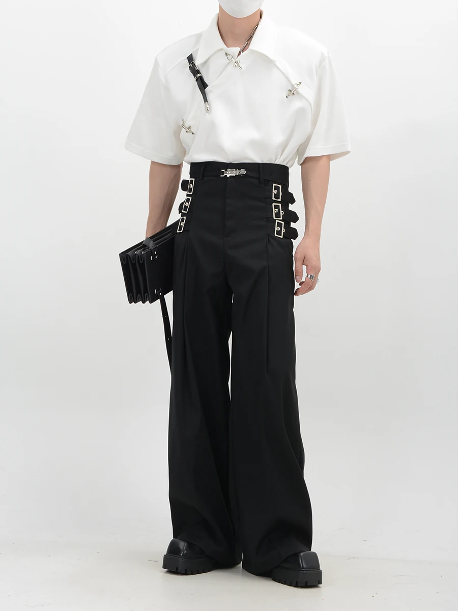 Deconstructed Metal Webbed Splicing wide-leg Trousers Loose Hanging Casual high-waisted Trousers