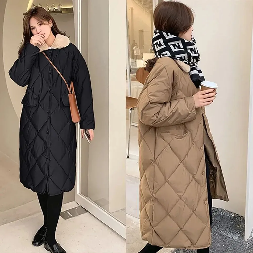 

Korean Winter Parka Coats Womens Faux Fur Collar Oversize Lozenge Plaid Jacket Pocket Female Thicken Warm Cotton Long Overcoat