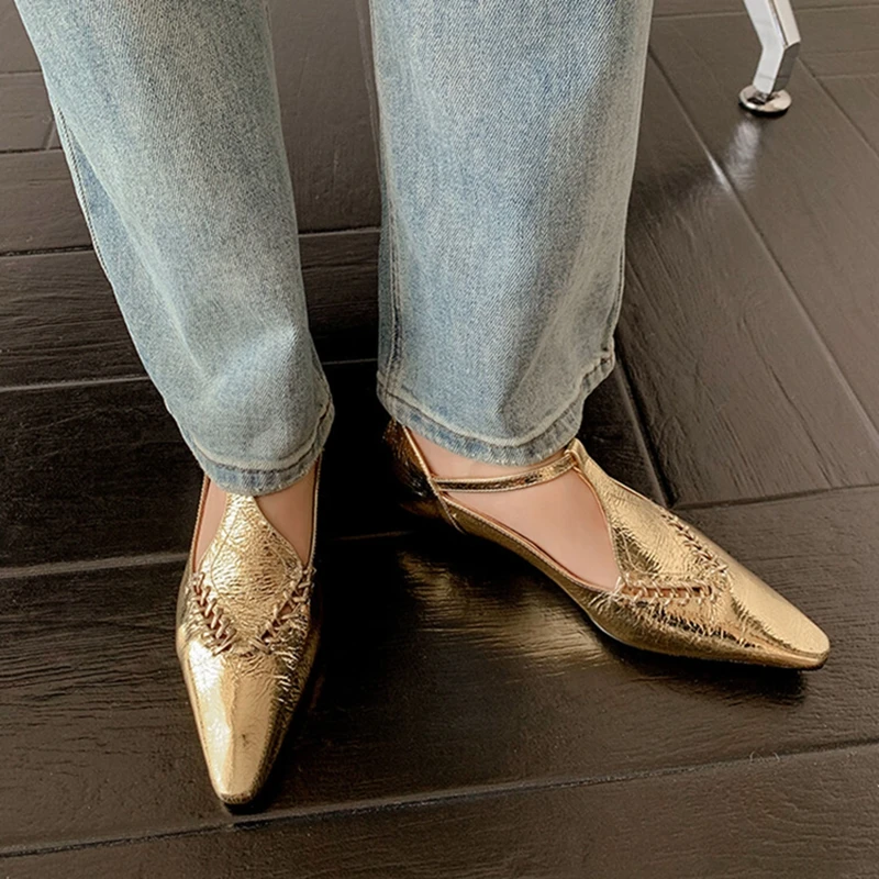 NEW Spring/Summer Women Pumps Genuine Leather Shoes for Women Square Toe Soft Shoes Low Heel Pumps Gold Buckle T-strap Shoes