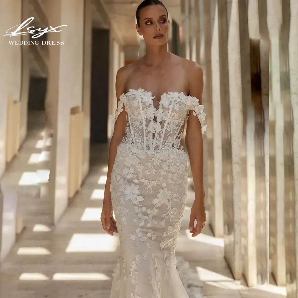 LSYX Aangepaste Zeemeermin Uit De Schouder Open Rug Strapless Vloerlengte Kant 3D Bloem Trouwjurk 2025, Vestidos De Novia