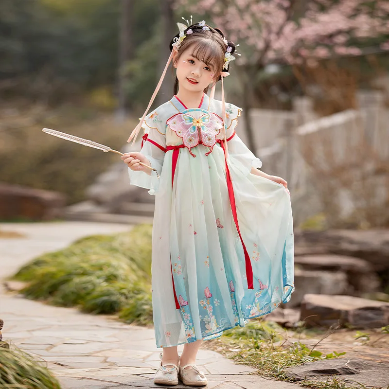 Chinese Style Traditional Butterfly Embroidery Hanfu Girl Super Fairy Tang Costume Ancient Dress