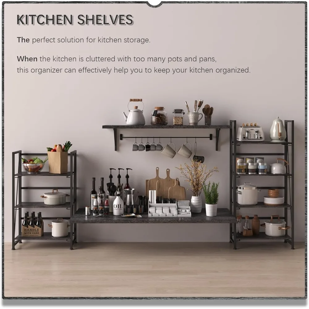 4NM Scaffale pieghevole senza montaggio Scaffali portaoggetti Libreria vintage a 3 livelli Scaffali in piedi Organizzatore di studio Home Office (Grigio Nero