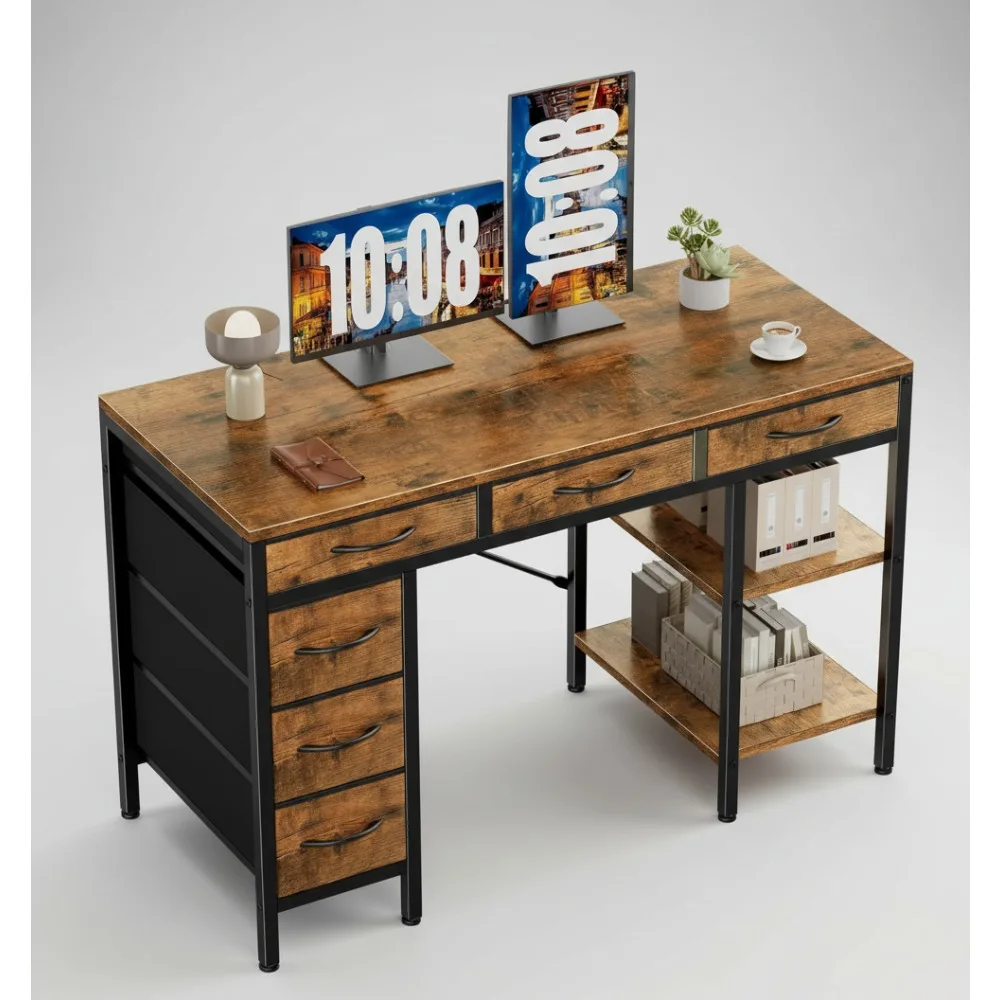 

47-дюймовый компьютерный стол в деревенском коричневом стиле с 6 ящиками и полками — игровой учебный стол для домашнего офиса для спальни, гостиной