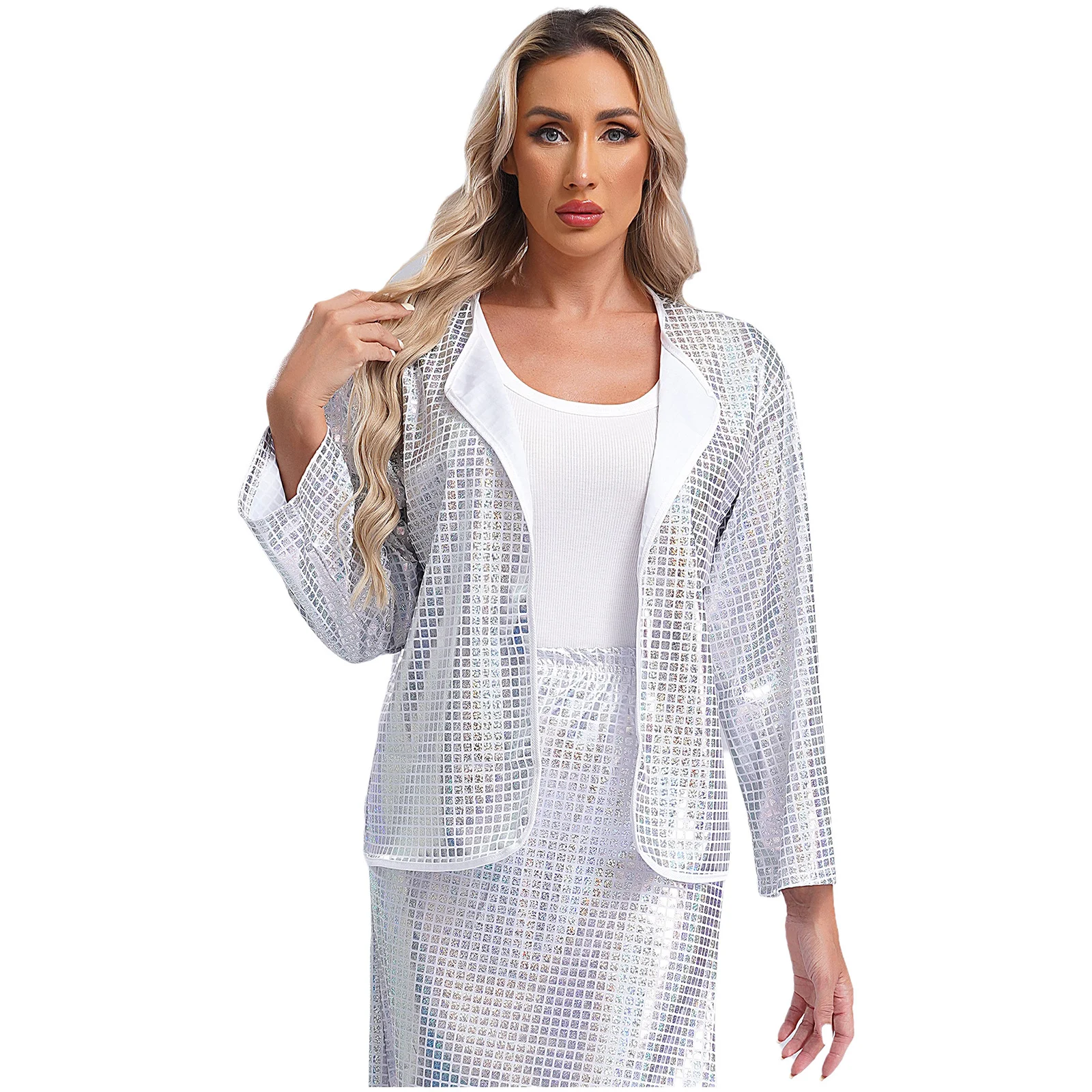 Moda mujer Bolero cuadrado lentejuelas Cardigan abrigo chaquetas Clubwear Disco noche encogimiento de hombros Top carnaval Festival traje de fiesta de noche