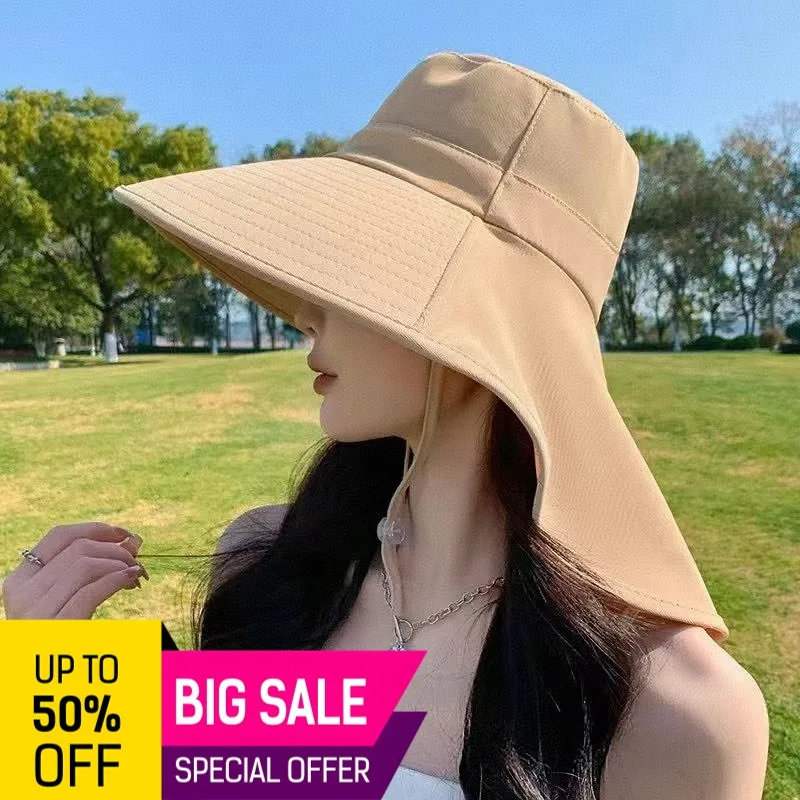 Chapeau de soleil à large bord pour femme - Chapeau de pêcheur respirant d'été avec protection du cou, visière à large bord anti-UV, style coréen