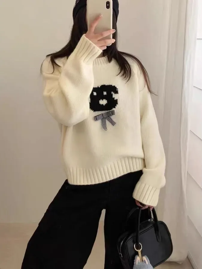 

Korean Sle Loose Casual Knitted round Ne Dog Sweater Soft Comfortable Base Layer Top for Women Autumn Winter Faion