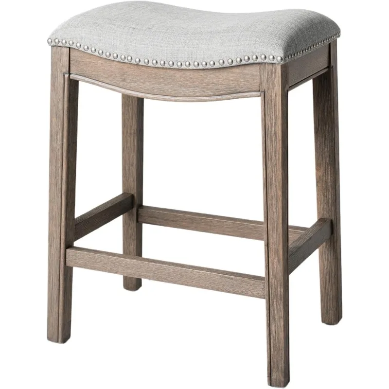 Adrien 26 Inch Counter Height Upholstered Backless Saddle Barstool in Reclaimed Oak Finish with Ash Grey Fabric Cushion Seat