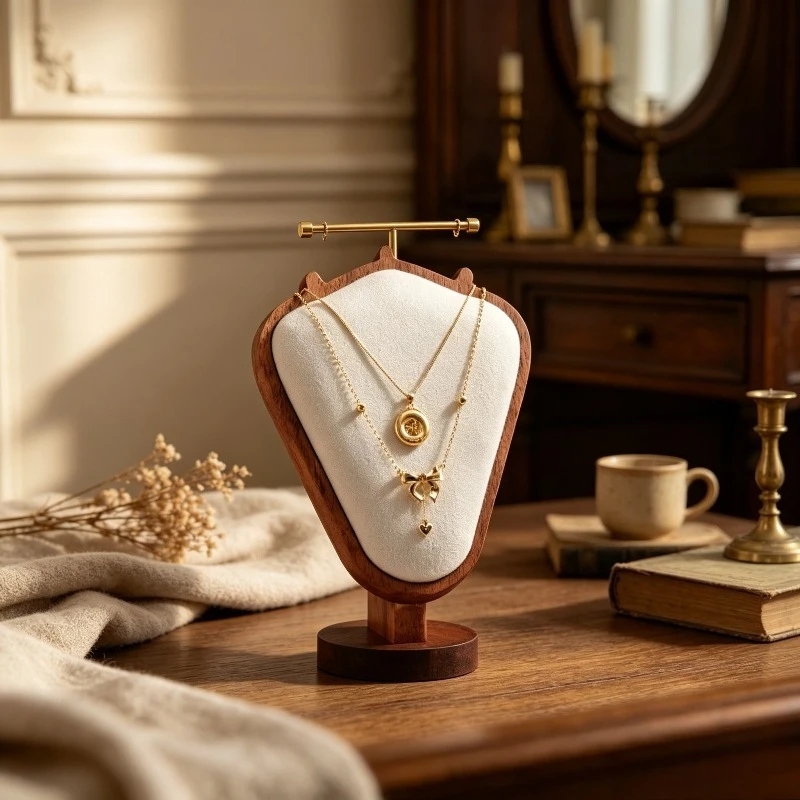 Wooden Necklace Display Bust Stand, Walnut Jewelry Holder Organizer Rack for Store, Countertop Showcase Prop for Booth Display.