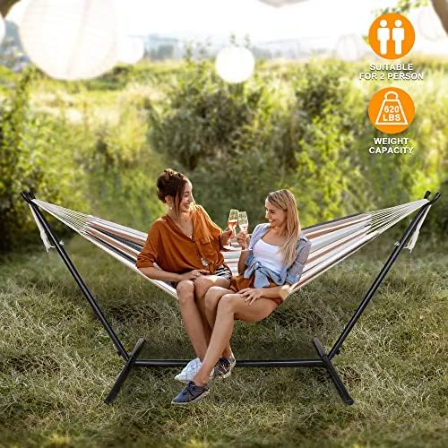 Portable 2 Person Hammock with 9FT Hammock Stand, 620 LBS Capacity Adjustable Hammock Bed with Space Saving Carrying