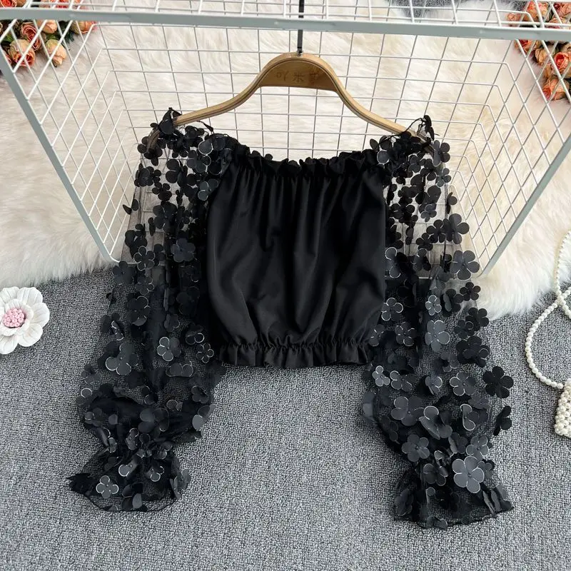 Summer and Autumn One Shoulder Three Dimensional Flower Perspective Mesh Splicing Loose Waist Short Off Shoulder Shirt Women