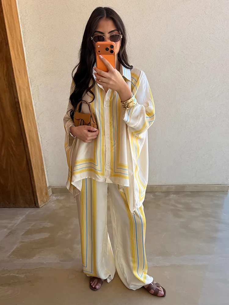 Casual Striped Loose Shirt Trouser Suits Women Full Sleeve Lapel Button Top Long Straight Pants Set Female 2026 Summer Lady New