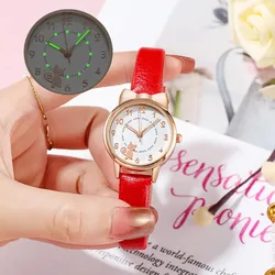 Reloj Digital con correa de cuero para niños y niñas, pulsera de cuarzo con esfera luminosa de gato dorado para estudiantes