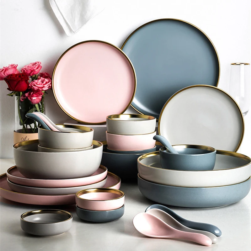 Pink Color Golden Edge Charger Plates Dinner Sets Ceramic Tableware Kitchen Dishes Dish Plate Set Full Luxury Dining Bar Home