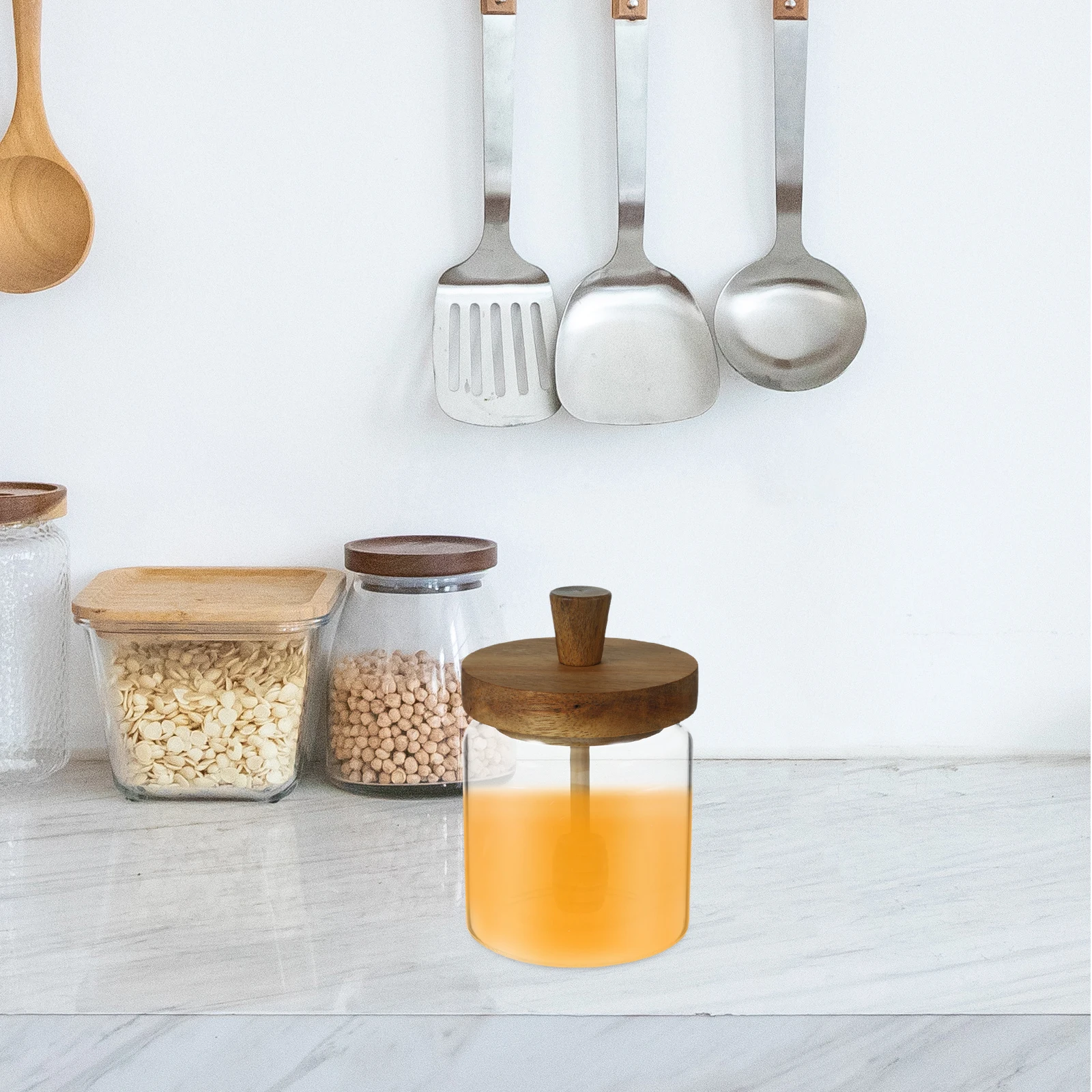 

Glass Honey Jar with Wooden Lid and Dipper Small Honey Storage Container for Kitchen Syrup Jam Dispenser Jars with Lids