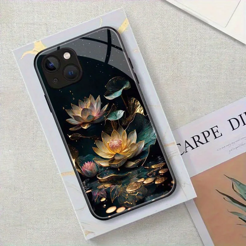 

Lotus pattern Anti-Fall Tempered Glass Phone Case for iPhone17/16/ 15,14 13, for iPhone 12Shockproof Soft Protective Cover