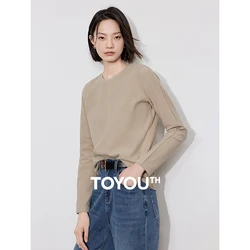 TOYOUTH Women Long Sleeve T-shirt 2024 Autumn Winter Lin Stitching Simple Comfortable Base Shirt Tops