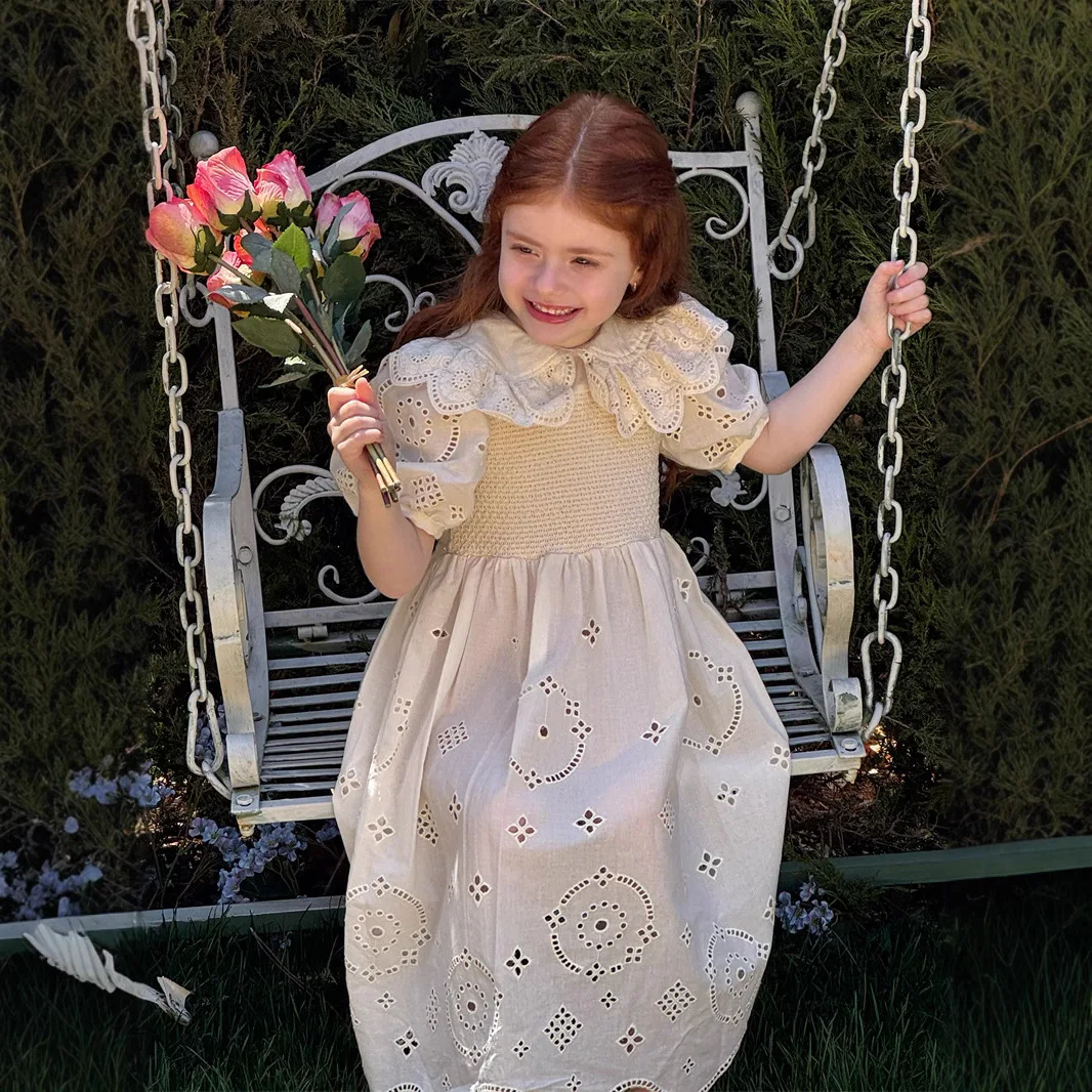 

2025 Summer New Girls Hollow Out Embroidery Dress Girls Lotus Leaf Collar Rural Style Retro Dress Princess Dress