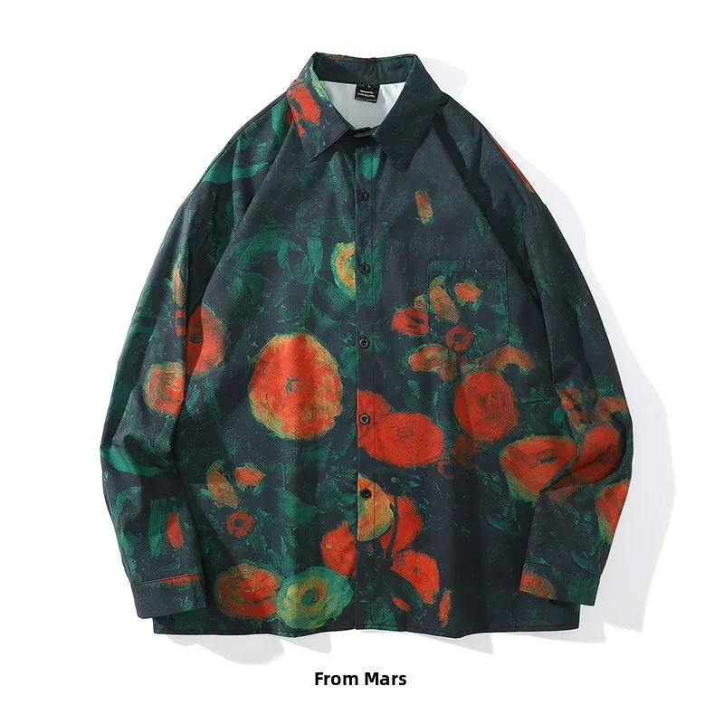 

Loose Cuban Collar Long Sve irt Couples Matching Vintage Oil Painting Design Comfortable Breathable Spring Faion irt