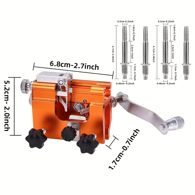 1 set kettingzaagslijperset, draagbare kettingzaagslijper, handbediende kettingzaagslijpgereedschap met 4 hardmetalen slijpkoppen voor twee doeleinden, verlengd geleidehulsontwerp, kettingzaagslijpklem voor kettingzaagbladen voor kettingzaagbladen van 4"-22"