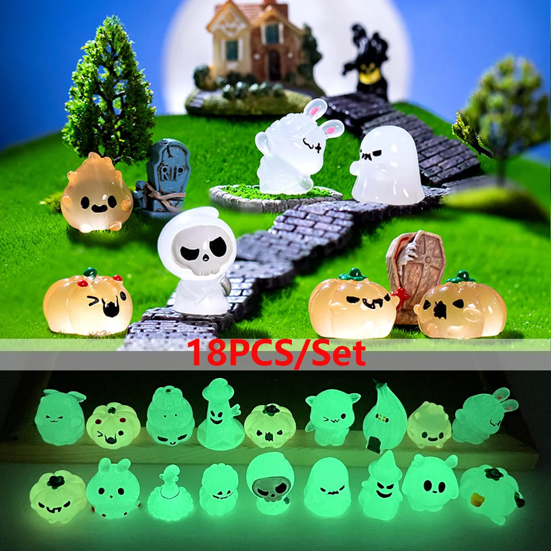 

18PC Luminous Halloween Micro Landscape Miniature Figurines Resin Craft Mini Fairy Garden Ornaments Pumpkin Ghost Vampire Decor