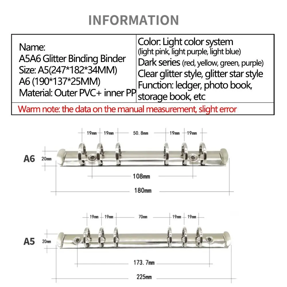 Creative Colored Binder Cover Transparent A5/A6 Size Photo Card Holder Glitter Sequins 6 Rings Notebook Protector
