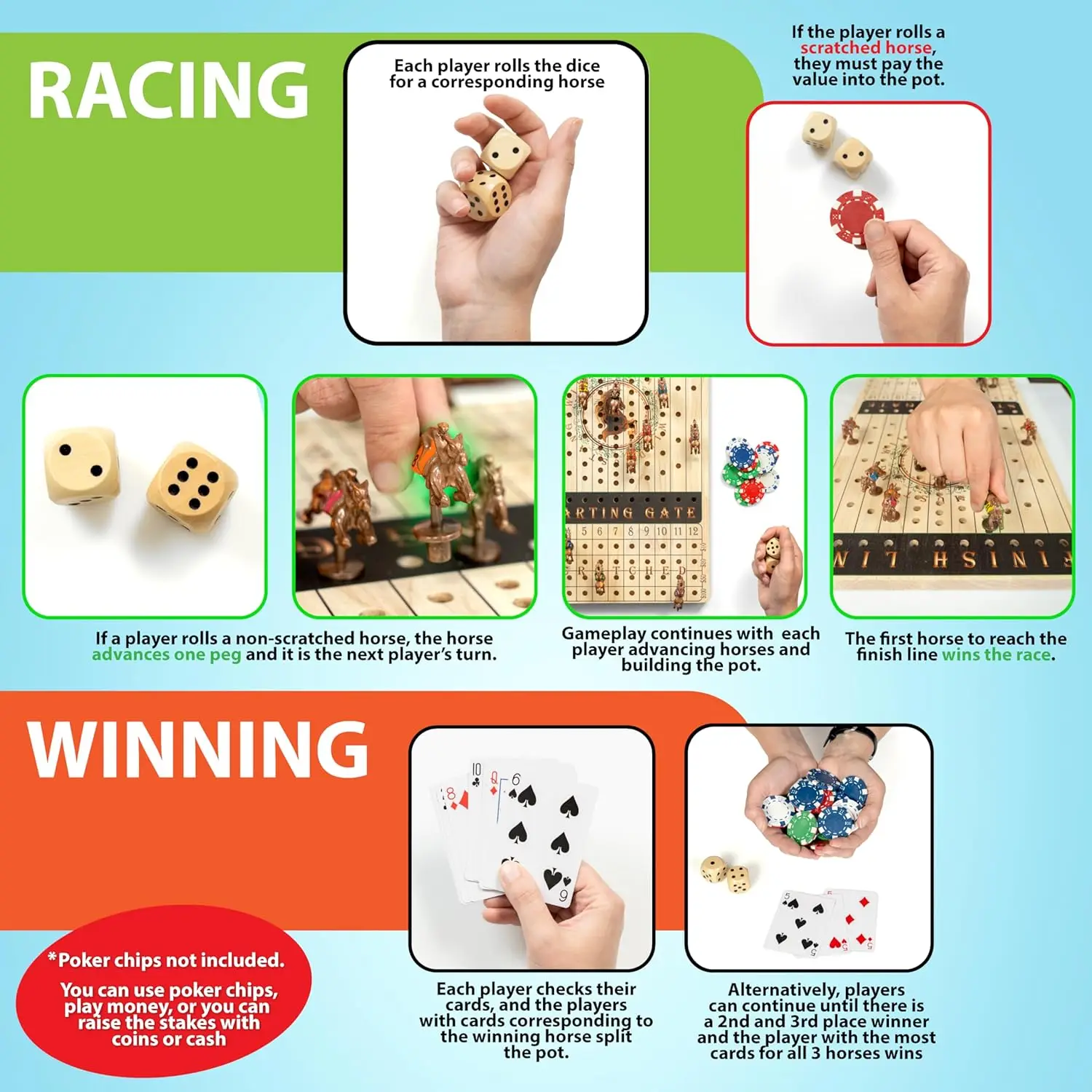 Nuovo gioco da tavolo da corsa di cavalli in metallo con 11 cavalli, dadi, carte, scacchiera in legno - Gioco per feste in famiglia per adulti