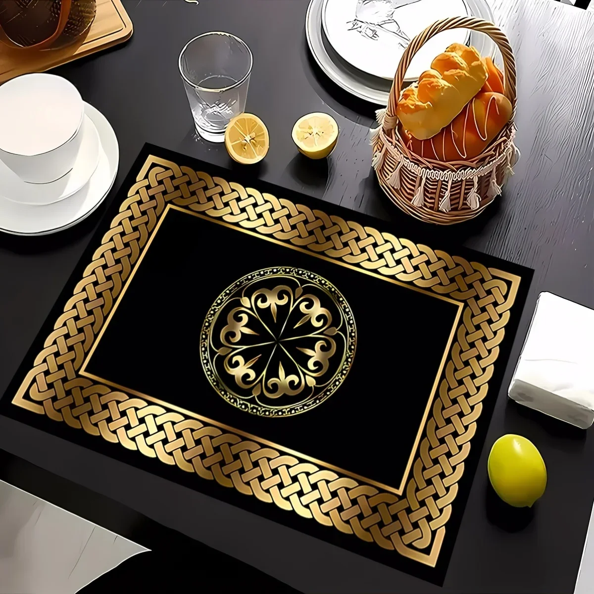 4pcs Luxury Black Gold Plaid Placemats - Woven Polyester Table Mats, Machine Washable, Elegant Dining Decor, Gift, Party, Home