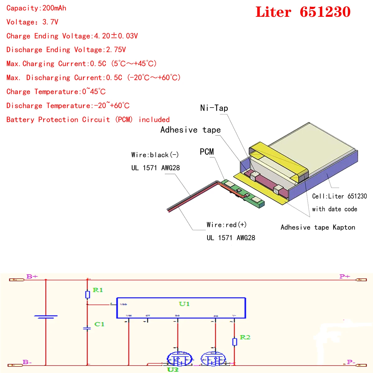 Polymer-Lithium-Batterie 651230 3,7 V 200 mAh kann individuell angepasst werden Großhandel CE FCC ROHS MSDS Qualitätszertifizierung