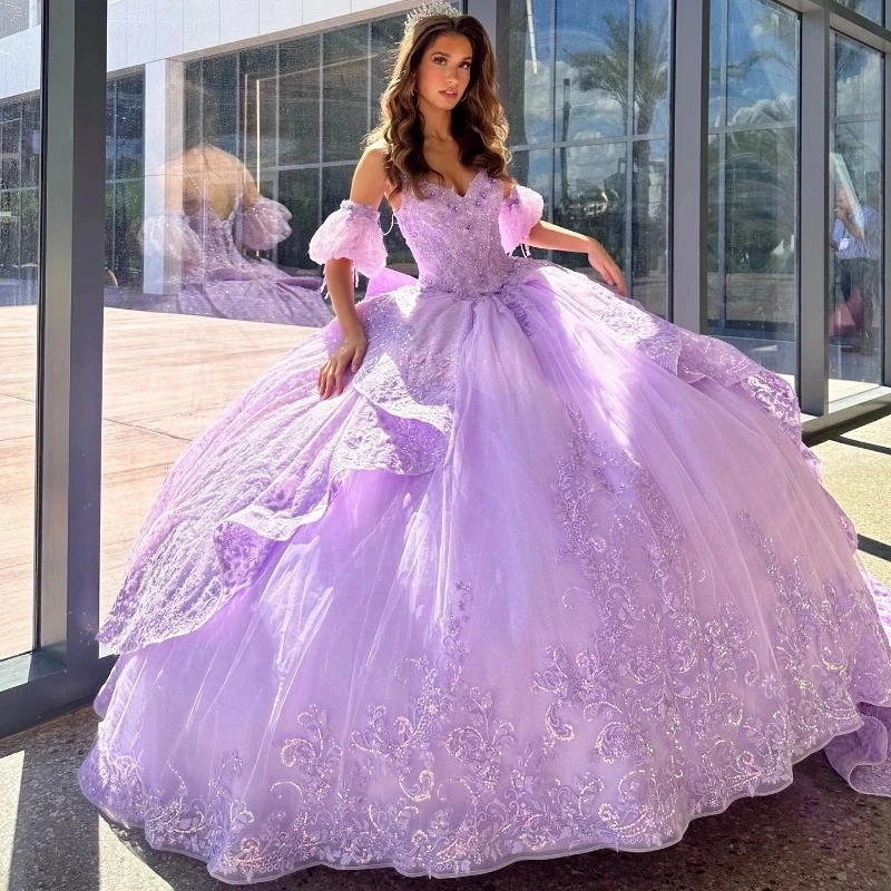 

Lavender Sweetheart Quinceanera Dresses Party Off the Shoulder Evening Prom Dress for Women Tulle Applique Lace Beads Ball Gown